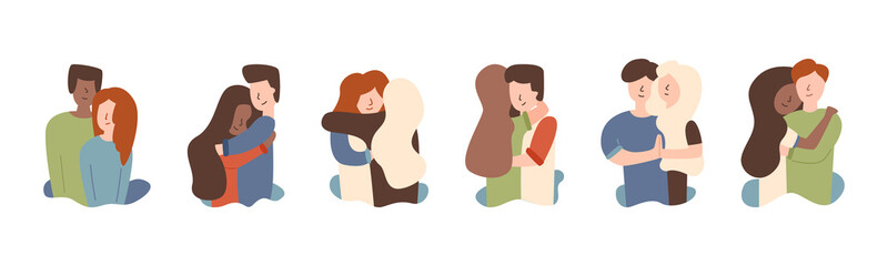 Vector flat set guy with girl hugging together.