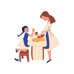 Vector flat illustration. Mom teaches her child.