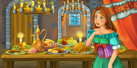 Cartoon fairy tale scene with princess by the table full of food - illustration for children