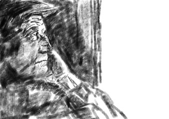 Portrait of a lonely old man. Oldster in a cap looks out the window. Black oil pastel, watercolor paper texture. Academic drawing. Black and white illustration.