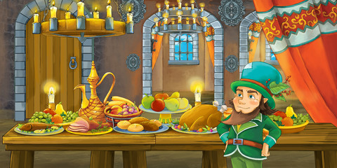 Cartoon fairy tale scene with dwarf prince by the table full of food - illustration for children