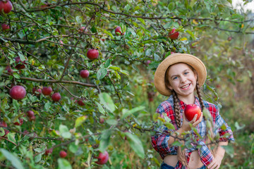 Portrait of a cute girl in a farm garden with a red apple.