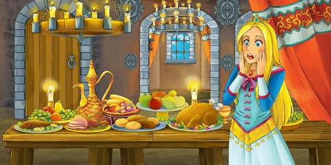 Cartoon fairy tale scene with princess by the table full of food - illustration for children