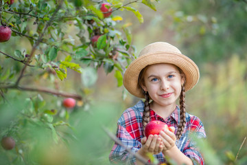 Portrait of a cute girl in a farm garden with a red apple.