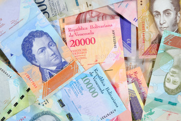 Venezuela bolivar banknotes, different value. Beautiful colorful obverse side bolivares close up background. - obrazy, fototapety, plakaty