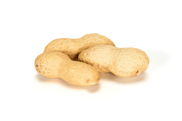 Peanuts. Three real whole nuts isolated on white background. Peanut macro close up. Full depth of field.