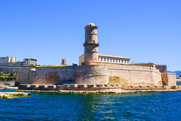 Marseille. Fortification Fort Saint-Jean in sunny day, view from Old port of Marseille.