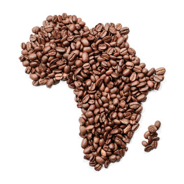 Whole bean coffee. The contour of the mainland of Africa is made of coffee beans isolate on white background.