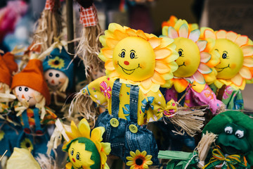 homemade dolls at Shrovetide. traditional Straw effigy, for the traditional Slavic holiday.  stuffed with the head of the sun