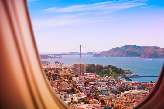 San Francisco and Golden Gate from plane window