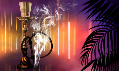 Hookah on the background of neon lamps and tropical leaves