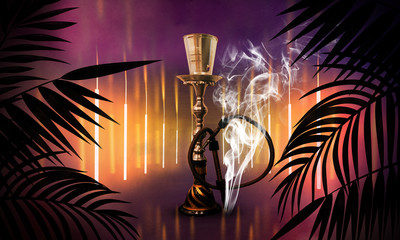 Hookah on the background of neon lamps and tropical leaves