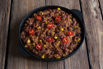 Quinoa red bean chili. Mexican spicy dish. 