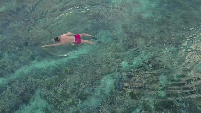 Snorkler swimming in blue turquoise ocean water