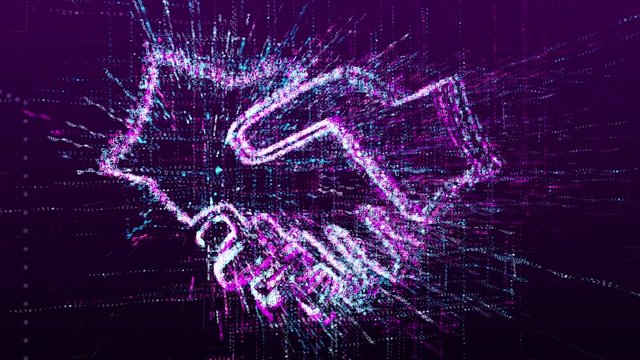 Handshake sign animation, greeting. Consists of a stream of numbers and symbols in digital space.