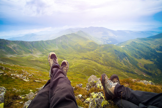 Mountain Landscape First Person View Sitting On A Rock Admiring The View