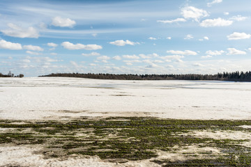 thawed patch on the field, snowy outdoor soccer field in spring low season