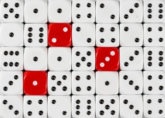 Background of random ordered white dices with three red cubes