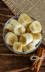 close up on glass jar with pieces of banana