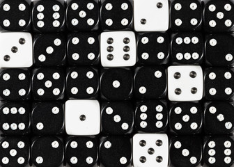 Background of random ordered black dices with six white cubes