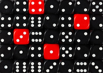 Background of random ordered black dices with four red cubes