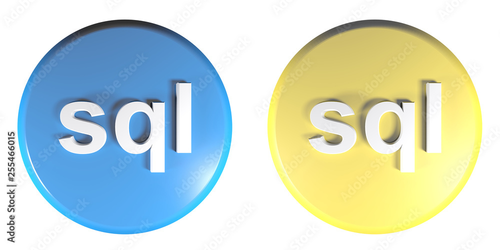 Poster sql blue and yellow circle push buttons - 3d rendering illustration