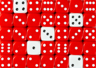 Background of random ordered red dices with five white cubes