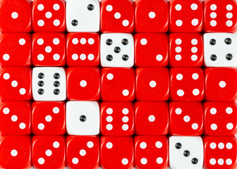 Background of random ordered red dices with six white cubes