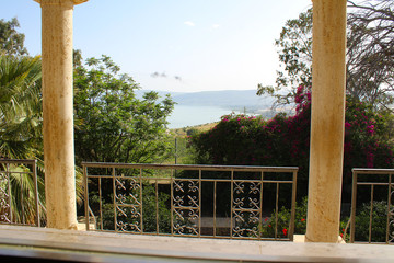 Fototapeta premium Mount of Beatitudes Church Of The Beatitudes with view on Sea of Galilee, Israel