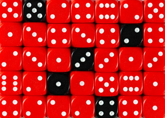 Background of random ordered red dices with five black cubes