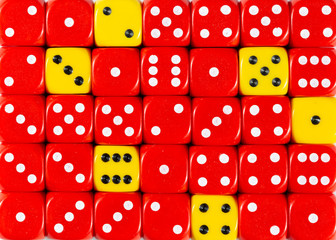 Background of random ordered red dices with six yellow cubes