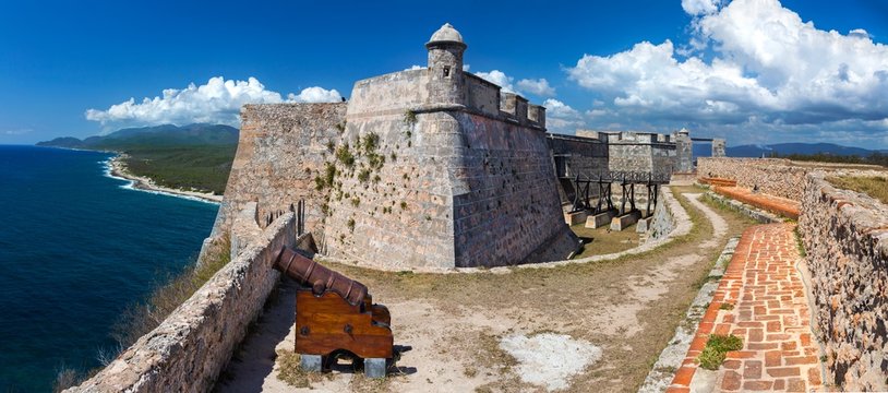 Wide Panoramic View of Castillo del Morro or San Pedro de la Roca Castle Fort on Santiago de Cuba coast, a World Unesco Heritage Site
