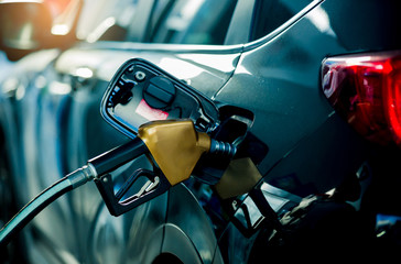 Hand refilling the car with fuel at the refuel station - obrazy, fototapety, plakaty