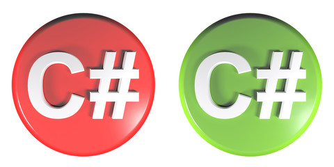 C# red and green circle push buttons - 3D rendering illustration