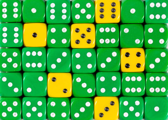 Background of random ordered green dices with six yellow cubes