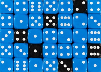 Background of random ordered blue dices with six black cubes