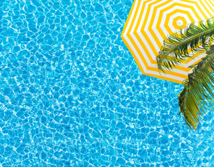Pool surface umbrella and palm tree from above © Sergey Novikov