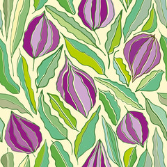 Hand drawn line art flowers and leaves in hues of purples and greens. Seamless vector repeat in screenprint art style. Great for wellbeing, organic, gardening products, homedecor, giftwrap, stationery