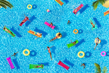 Many people pattern on water pool surface floating