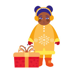 girl with winter clothes and christmas gifts