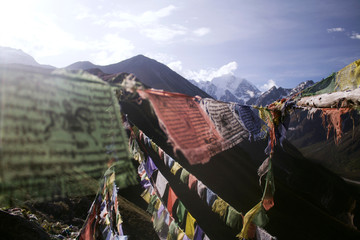 Buddhist Prayer Flags in Majestic Himalayan Mountains 