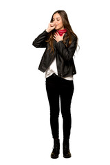 Fototapeta premium Full-length shot of Young woman with leather jacket is suffering with cough and feeling bad on isolated white background