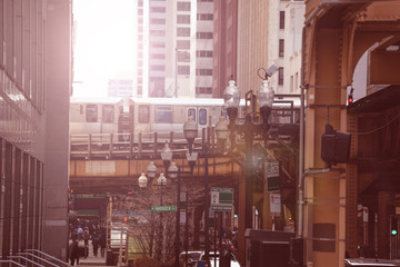 Street with metro train over it in Chicago