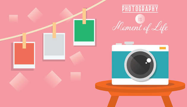 Camera with printed photos displayed. Modern photo design for capturing precious moments in life concept. Banner flat style design. Isolated with trendy and catchy background. Vector illustration.