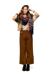 Full-length shot of Young hippie woman having doubts and thinking on isolated white background