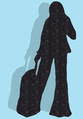 Black silhouette of traveling woman on light blue background