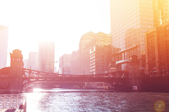 Sunset View Over The Chicago River And Downtown