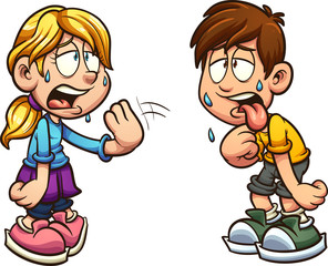 Cartoon boy and girl suffering form heat clip art. Vector illustration with simple gradients. Each on a separate layer. 