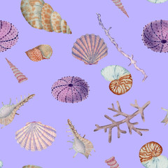 Hand drawn seamless pattern in watercolor sea world natural element. Corals shells on lilac background