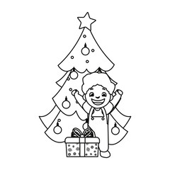 celebrating boy with christmas tree and gift